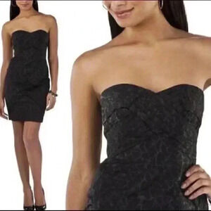 New Black Floral Embossed Taffeta Pleated Strapless Sweetheart Mini Dress